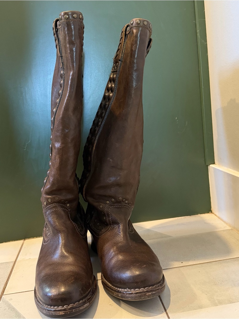 FRYE Women's Brown Stud-Trim Tall Leather Boots